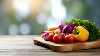 Fresh colorful vegetables including tomatoes, yellow bell pepper, red onion, garlic, and parsley arranged on wooden cutting board against blurred background.