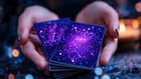 Mystical tarot cards with glowing purple galaxy design held in feminine hands against dark background with bokeh lights and magical atmosphere.