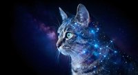 Cosmic cat with constellation pattern overlay on starry galaxy background for mystical and space-themed designs.