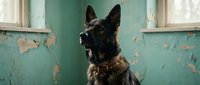German shepherd dog wearing tactical vest sitting in abandoned room with peeling paint walls and windows for military training concepts.