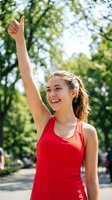 Happy young Caucasian woman in red athletic wear giving thumbs up gesture outdoors in sunny park setting with green trees background for fitness motivation.