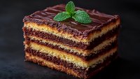 Layered chocolate cake slice with vanilla cream filling and dark chocolate ganache topping garnished with fresh mint leaf on dark background. Perfect for dessert menu.