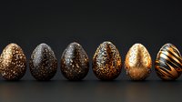 Luxurious Easter eggs in black and gold colors with glitter, metallic textures and abstract patterns arranged in row on dark background. Modern festive decoration.