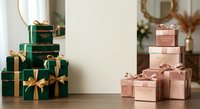 Green and rose gift boxes with gold ribbons arranged on wooden surface with blank card for holiday messaging and seasonal celebrations.