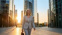 Confident blonde businesswoman walking through modern city district during golden hour sunset with skyscrapers and glass buildings in urban downtown area.