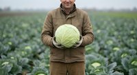 Farmer holding fresh cabbage in agricultural field during harvest season. Organic vegetable farming and sustainable agriculture concept for healthy food production.