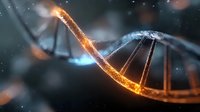 Glowing DNA strand with orange and blue light effects on dark background, genetic research concept for medical and scientific visualization.