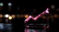 Glowing pink neon high heel shoe shape with dripping liquid effect against dark background with bokeh lights, creating modern artistic nightlife atmosphere.