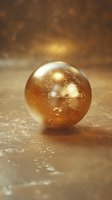 Luminous golden sphere with textured metallic surface reflecting warm light against abstract brown background, creating mysterious atmospheric mood.