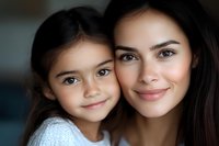 Close up portrait of Hispanic mother and daughter smiling at camera, wearing white sweater, showing loving family bond and tender emotions. Natural daylight setting.