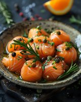 Salmon rolls garnished with capers, fresh rosemary, and herbs served on rustic ceramic plate. Orange citrus and dark moody background create gourmet appetizer setting.
