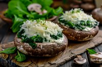 Stuffed portobello mushrooms with creamy spinach filling and melted cheese on rustic wooden board, garnished with fresh herbs and served as appetizer.