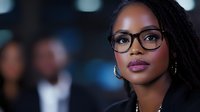 Professional African American businesswoman with glasses and braided hair in modern office environment for corporate presentations and leadership concepts.