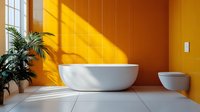 Modern minimalist bathroom interior with freestanding white bathtub against vibrant yellow wall, decorative palm plant, and dramatic sunlight casting geometric shadows.