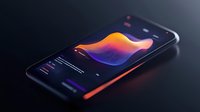 Modern smartphone displaying colorful wave visualization on dark screen with gradient orange and purple light effects against black background.