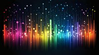 Vibrant rainbow colored vertical light lines with glowing dots on black background create dynamic equalizer effect for music and sound visualization designs.