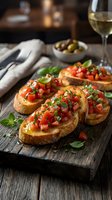 Toasted bread slices topped with diced tomatoes and fresh basil served on wooden board with wine and olives for appetizer or starter courses.