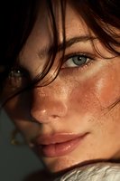 Close-up portrait of young Caucasian woman with freckles and green eyes in golden sunlight. Natural beauty concept for skincare and cosmetics advertising.