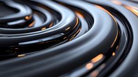 Abstract metallic liquid swirl with glossy chrome surface and warm orange reflections creating dynamic flowing motion for modern design backgrounds.