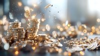 Golden coins falling and stacking with magical sparkles and bokeh lights creating wealth abundance concept on blurred background with copy space.