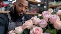 African American male florist arranging delicate pink roses in shop, wearing gray apron and black shirt, displaying professional care while working with fresh flowers.