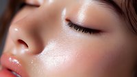 Close up portrait of Asian woman with glowing dewy skin, closed eyes, and glossy coral lips showing natural beauty makeup and skincare results.