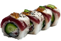 Fresh tuna sushi rolls with cucumber, cream cheese, and red caviar garnished with black sesame seeds on white background, macro food photography.