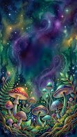 Enchanted forest floor with glowing mushrooms, magical plants, and swirling purple nebula sky filled with stars and cosmic energy, perfect for fantasy and mystical designs.