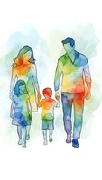 Watercolor family silhouettes walking together with vibrant rainbow colors blending through their forms on white background for creative design projects.