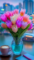 Vibrant tulip bouquet in blue glass vase with latte art coffee cup against city skyline backdrop, creating romantic evening atmosphere with bokeh lights and urban reflections.