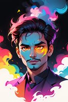 Stylized portrait of young Asian man with glowing eyes amid vibrant neon smoke effects and colorful abstract background, wearing dark formal attire.