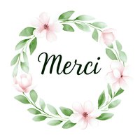 Delicate watercolor floral wreath with pink blossoms and green leaves surrounding French word Merci on white isolated background, suitable for greeting cards and invitations.