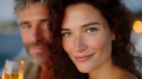 Young woman with curly dark hair and natural makeup smiling warmly at sunset, with soft bokeh lights and male companion in background, creating romantic atmosphere.