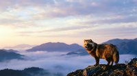 Brown bear standing on rocky cliff overlooking misty mountain valley at sunrise with dramatic purple and pink sky creating majestic wilderness scene.