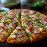 Fresh homemade pizza with crispy bacon, melted mozzarella and parmesan cheese, topped with chopped herbs on dark background, close up view of sliced pieces.