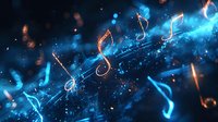 Glowing musical notes float in dark space with blue light trails and sparkles, creating magical atmosphere for music and entertainment backgrounds.