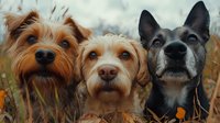 Three adorable dogs with different breeds - Yorkshire Terrier, Labradoodle, and German Shepherd mix posing together outdoors in autumn field with natural bokeh background.