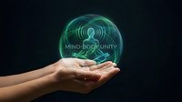 Hands holding glowing holographic sphere with mind-body unity concept, digital wellness technology, meditation and mental health visualization on dark background.