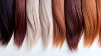 Straight hair color samples ranging from dark to platinum blonde and auburn shades on white background, arranged in gradient pattern for hairdressing reference.