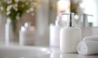 White ceramic soap dispenser with chrome pump on bathroom counter with rolled towels and soft bokeh background, creating spa-like atmosphere.