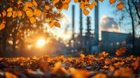 Vibrant orange autumn leaves scattered on ground at sunset with golden sunburst and bokeh light effects creating magical fall atmosphere in urban park setting.