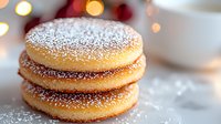 Stack of fresh homemade sugar-dusted cookies with chocolate filling on light background with festive bokeh lights and powdered sugar sprinkle.