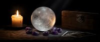 Mystical fortune telling setup with crystal ball, burning candle, amethyst stones, tarot cards and wooden chest on dark background for spiritual guidance.