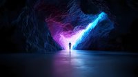 Silhouette of person standing in mystical cave with glowing blue and purple light creating dramatic atmosphere for fantasy and adventure concepts.