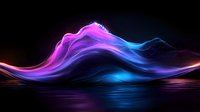Glowing neon waves create abstract mountain landscape with purple and blue light trails reflecting on dark water surface, modern digital art design for backgrounds.