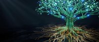 Digital tree with glowing green leaves and golden circuit board roots on dark background for technology and nature fusion concepts.