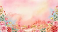Watercolor floral border with pink roses, gold leaves, and red hearts on soft pastel background. Romantic design for wedding invitations, greeting cards, and decorative projects.