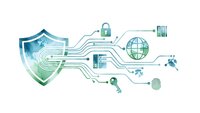 Digital cybersecurity shield with circuit board connections and tech icons representing data protection and network security solutions.