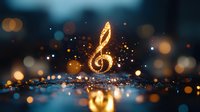 Glowing golden treble clef with magical sparkles floating over reflective surface against dark background with bokeh lights and particles. For music events.