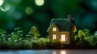 Miniature glowing house in magical forest setting with bokeh lights and moss, creating dreamy fairy tale atmosphere at night. Cozy illuminated windows.